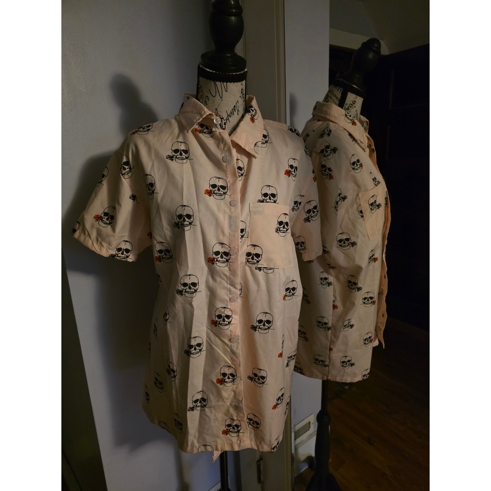 Brooklyn Standard Peach Skull and Rose Print Short Sleeve Button Up Shirt Mens M